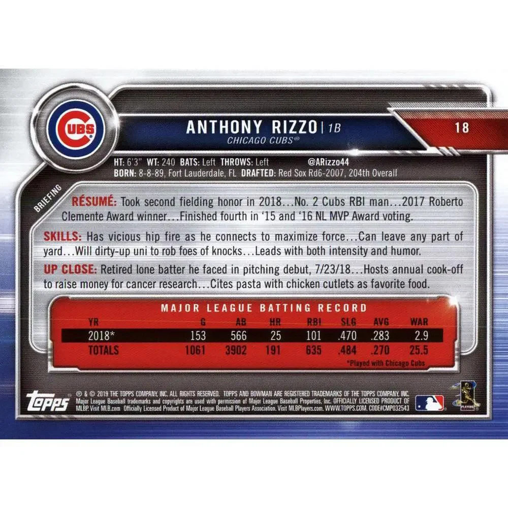 2019 Bowman Anthony Rizzo #18 Chicago Cubs